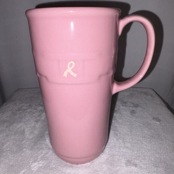 Longaberger Tall Coffee Mug Cup Pink Pottery Breast Cancer Awareness EUC - Picture 3 of 5
